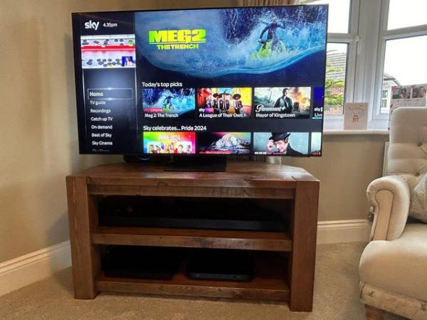 Image 1 of Solid Dark woodcorner tv stand up to 55”
