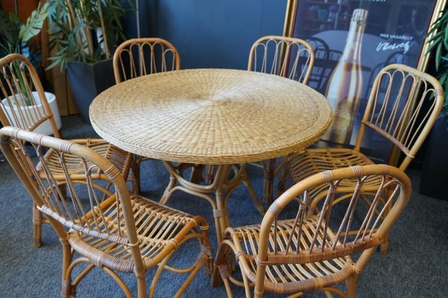 Image 2 of Mid C Wicker Dining Table & 6 'Peacock' Style Chairs 1970s