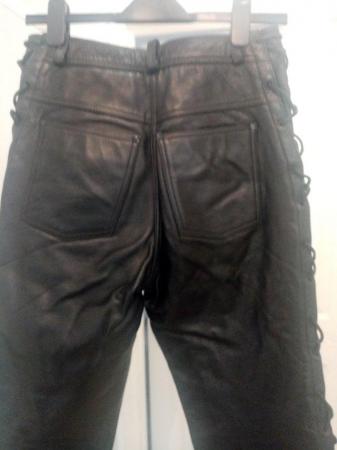 Image 1 of Ladies leather laced side motorcycle jeans, black.