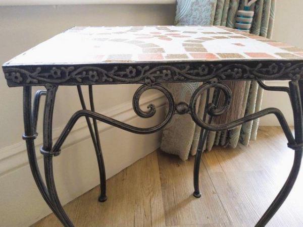 Image 3 of Small metal table with tiled top and detailed legs