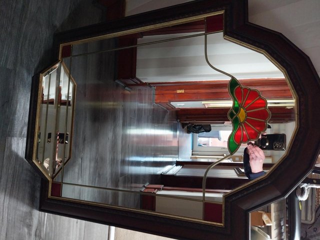 Preview of the first image of Mahogany Mirror with Stained Glass Effect and Shelf.