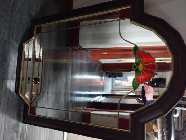 Image 1 of Mahogany Mirror with Stained Glass Effect and Shelf