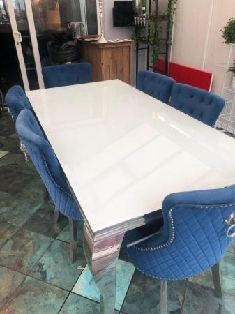 Image 2 of beautiful large white glass dining table 6 velvet chairs