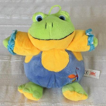 Image 1 of Amek soft plush toy frog with internal bell & hanging loop.