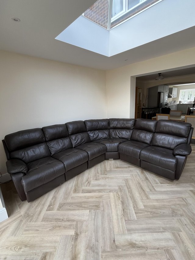 Large Walnut brown leather curved corner sofa — photo 2 of 3