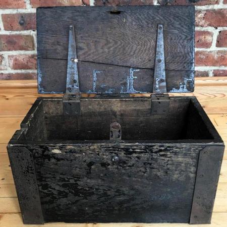 Image 1 of Old heavy handmade black wood tool, storage trunk, chest.