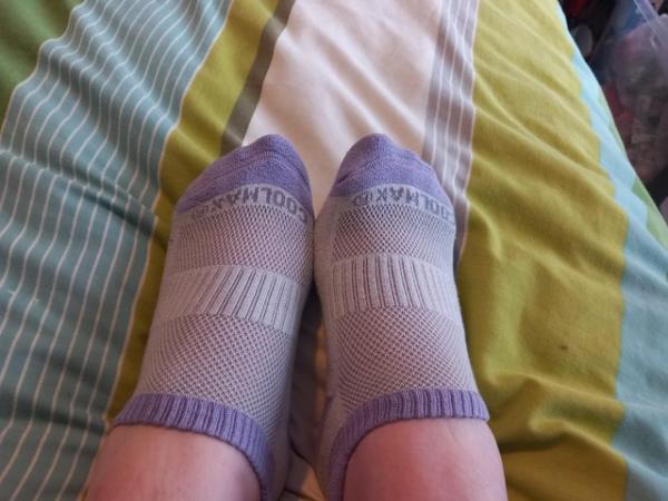 Image 3 of Ladies purple and white worn trainer socks