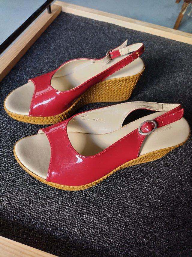 Preview of the first image of Ladies Shoes M&S pair red patent leather upper sandals.