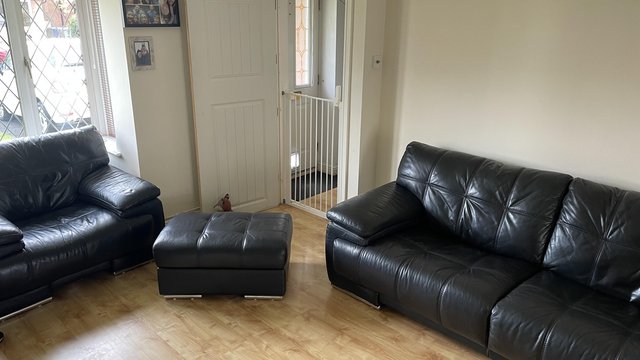 Image 1 of Black Leather DFS 3 seater, cuddle chair and pouffe - excell
