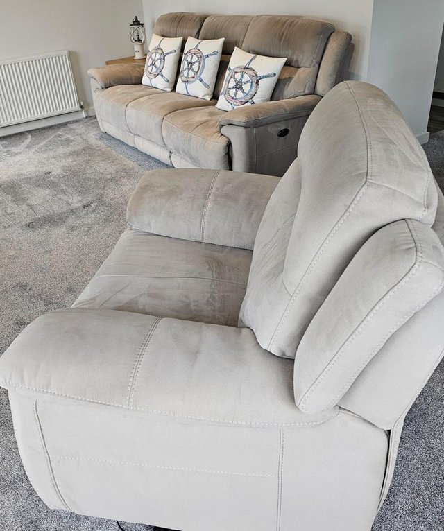 Preview of the first image of Faux Suede Reclining settee and Armchair.