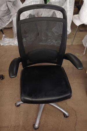Image 2 of Black office chair with leather seat and netted back