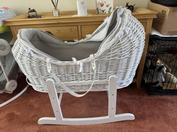 Image 2 of White wicker Moses basket and stand