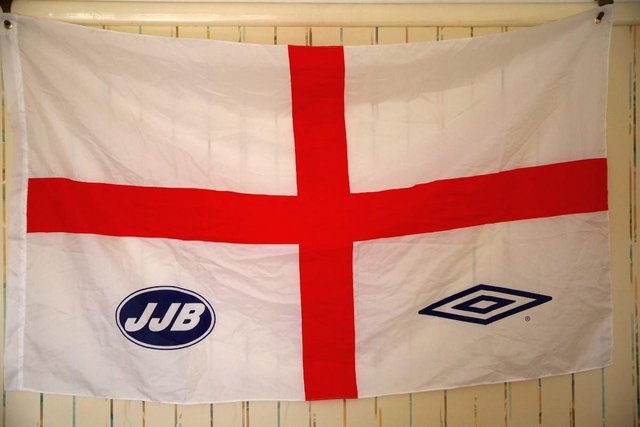 Preview of the first image of Vintage England Flag with JJB Sports and Umbro logos.