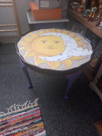 Image 3 of Hand painted table in sun design. Four legged
