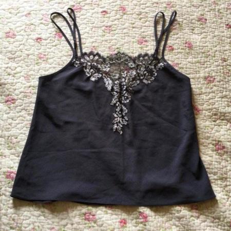 Image 2 of Sz 10/12 Posh PJs Set, Cami & Trousers, Dark Grey with Lace