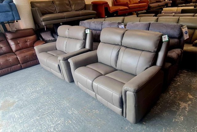 Image 4 of La-z-boy Paris grey leather pair of 2 seater sofas