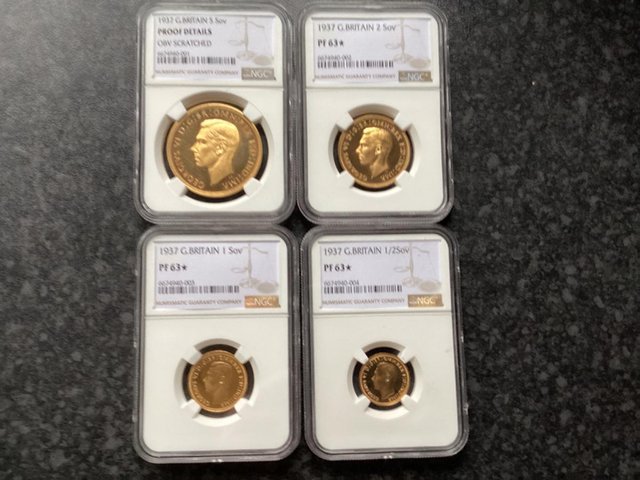 Preview of the first image of Rare 1937 George V1 Proof Gold Sovereign set of 4 Coins.
