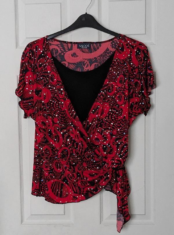 Preview of the first image of Ladies Black & Red Sequinned Top By Saloos - Size XL.