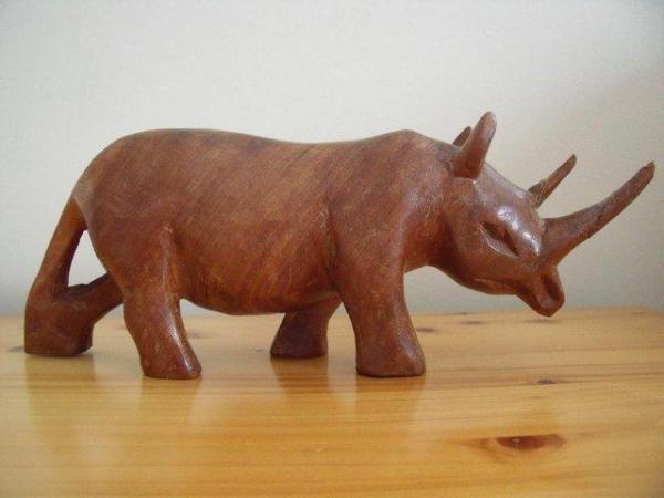 Image 1 of Vintage Besmo Products hand carved wood rhino from Kenya.