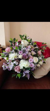 Image 2 of 2 X Lilac & white pedestal flowers with greenery