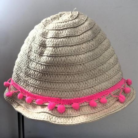 Image 1 of Girl's straw-effect sun hat, pink bobbles. Age 2-4 years.