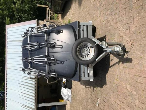 Image 1 of Brenderup 1205 trailer with four bike rack attached to lid