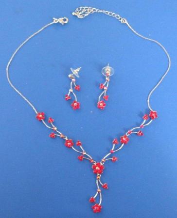 Image 1 of Red floral Necklace and earring set, new and unworn.