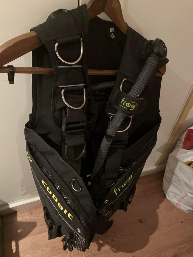 Preview of the first image of Medium BCD. Large dive bag and fins.