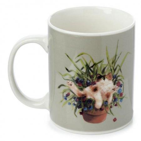 Image 1 of Kim Haskins Cat in a Plant Pot Green Porcelain Mug.