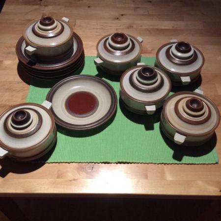 Image 2 of Vintage Denby Potters Wheel 6 soup bowls with lids and bread
