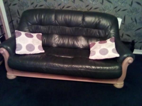 Image 2 of Dark blue leather 3 & 2 seater sofas