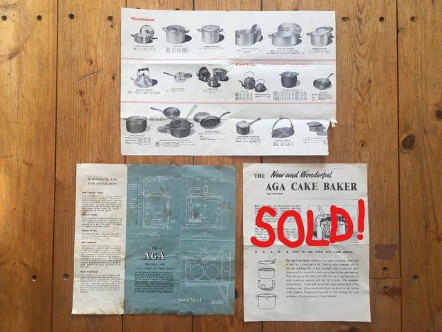 Preview of the first image of 3 vintage AGA leaflets-cooker & utensils. Great for display!.