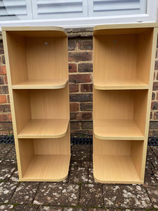 Preview of the first image of Stylish Pair of Light Beech Curved Corner Shelves.