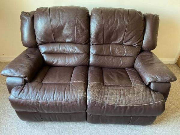 Image 1 of Dark Brown Leather Two Seater Sofa, recliner seats - FREE