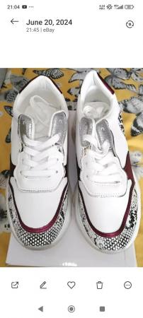 Image 1 of Ladies White with snake print lace up trainers. Size 6