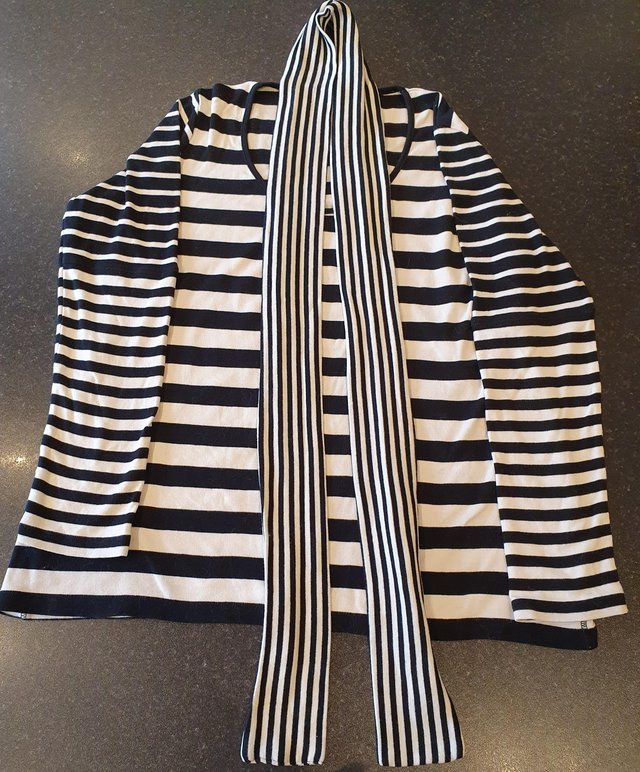 Preview of the first image of Black & white striped top with scarf, size 18.