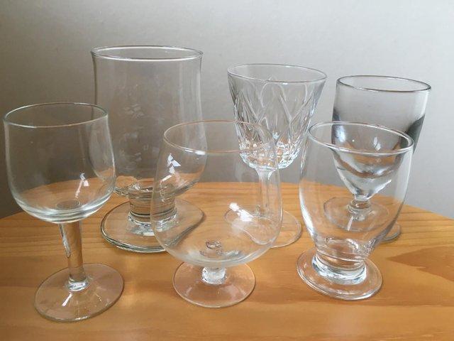 Preview of the first image of 6 assorted vintage stemmed glasses.  Very good condition..