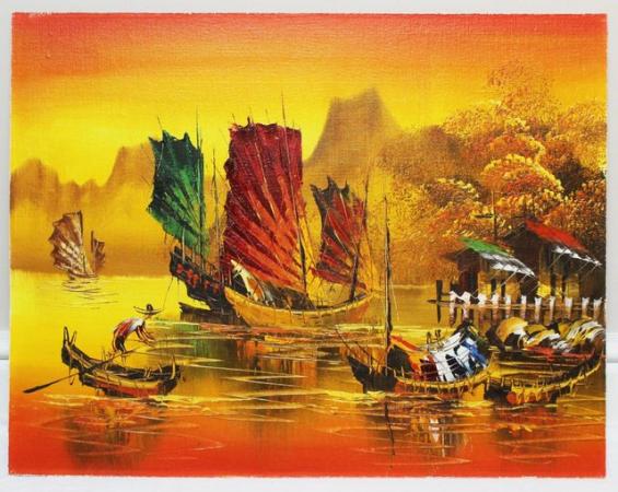 Image 1 of Asian Fishing / Harbour / Maritime / Junk Ship Painting