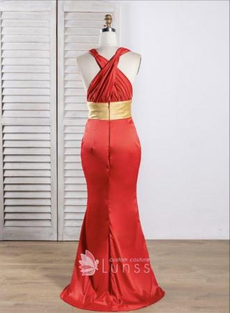 Image 2 of Elegant red satin dress with gold waistband, never worn