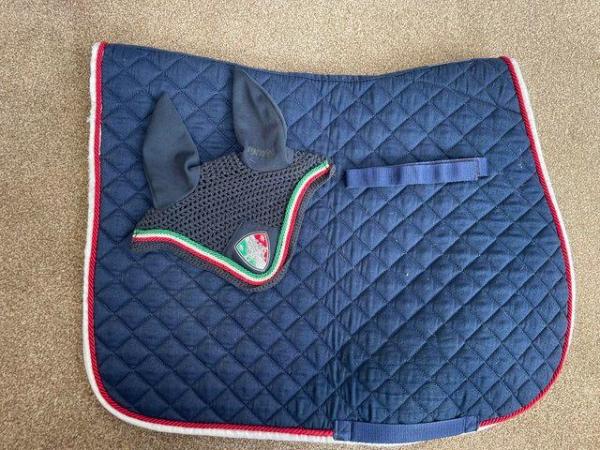 Image 1 of Navy/white/red/green saddle pad and fly veil matchy set