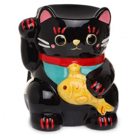 Image 1 of Ceramic Black Maneki Neko Lucky Cat Oil Burner. Free uk Post