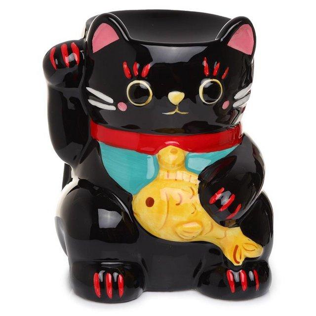 Preview of the first image of Ceramic Black Maneki Neko Lucky Cat Oil Burner. Free uk Post.