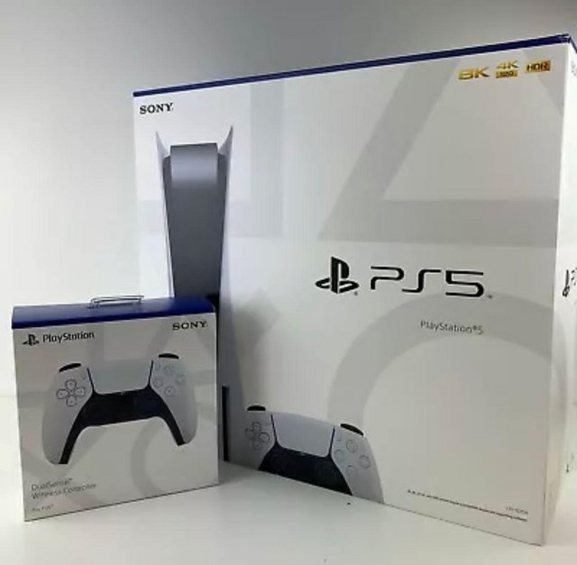 Preview of the first image of Sony PlayStation 5 with two controllers.