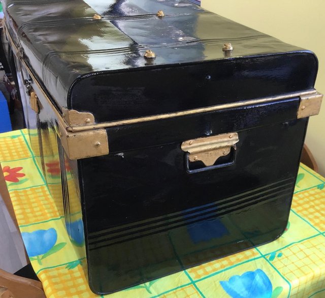 Preview of the first image of Antique Victorian large metal steamer, travel, cabin trunk.