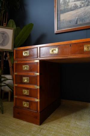 Image 14 of Antique Yew Wood Military Campaign Style Pedestal Desk c1930