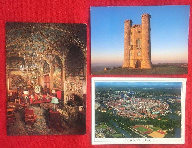 Preview of the first image of 3 unused postcards:Eastnor Castle,Broadway Tower,Hansestadt.