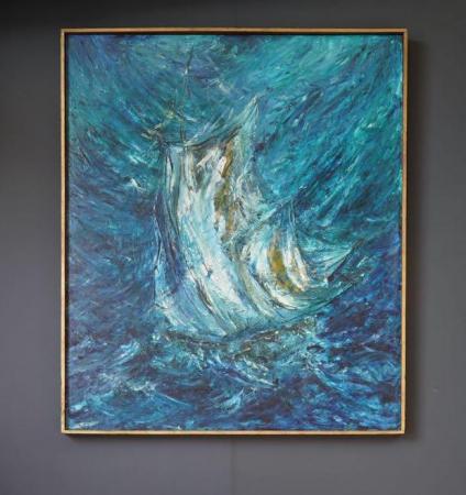Image 2 of Abstract Art Sailing Vessel Choppy Seas M. Buttery 1967