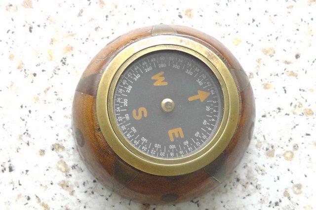 Image 1 of Brass and wood antique magnetic compass.