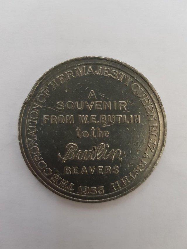 Preview of the first image of A 1953 Butlin Beavers Coronation Souvenir Medallion.