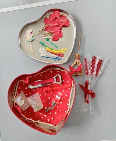 Image 6 of Red Heart Shaped Tin with Party Accessories.